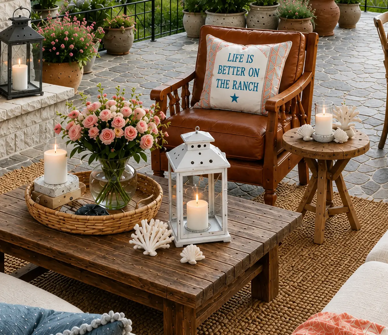 A weathered wood coffee table is styled with a woven tray holding pink roses, candles, and decorative accents in front of a cognac leather armchair. A cream pillow with blue lettering rests on the chair, while white lanterns, coral sculptures, woven rugs, and terracotta blush textiles surround the seating area on an outdoor patio.