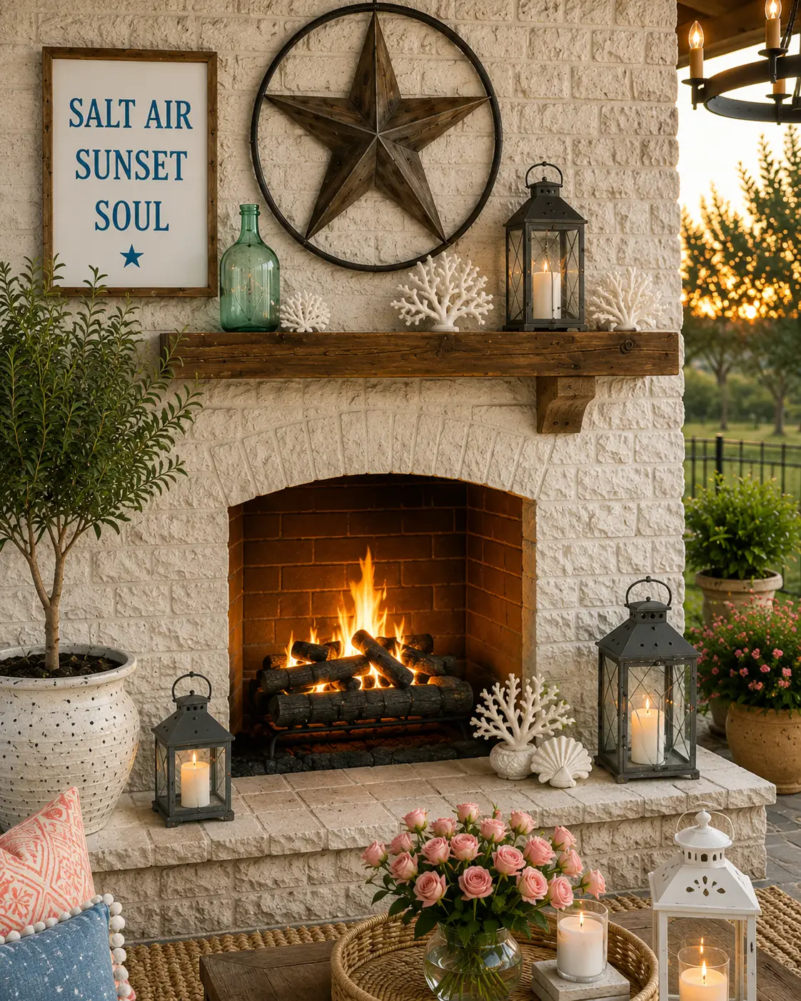 A lit outdoor stone fireplace is decorated with black lanterns, white coral sculptures, a sea glass bottle, and a framed “Salt Air Sunset Soul” sign beneath a large rustic star wall accent. In front of the fireplace, a woven tray filled with pink roses, candles, and coastal decor sits on a weathered wood coffee table surrounded by terracotta blush and denim blue pillows.