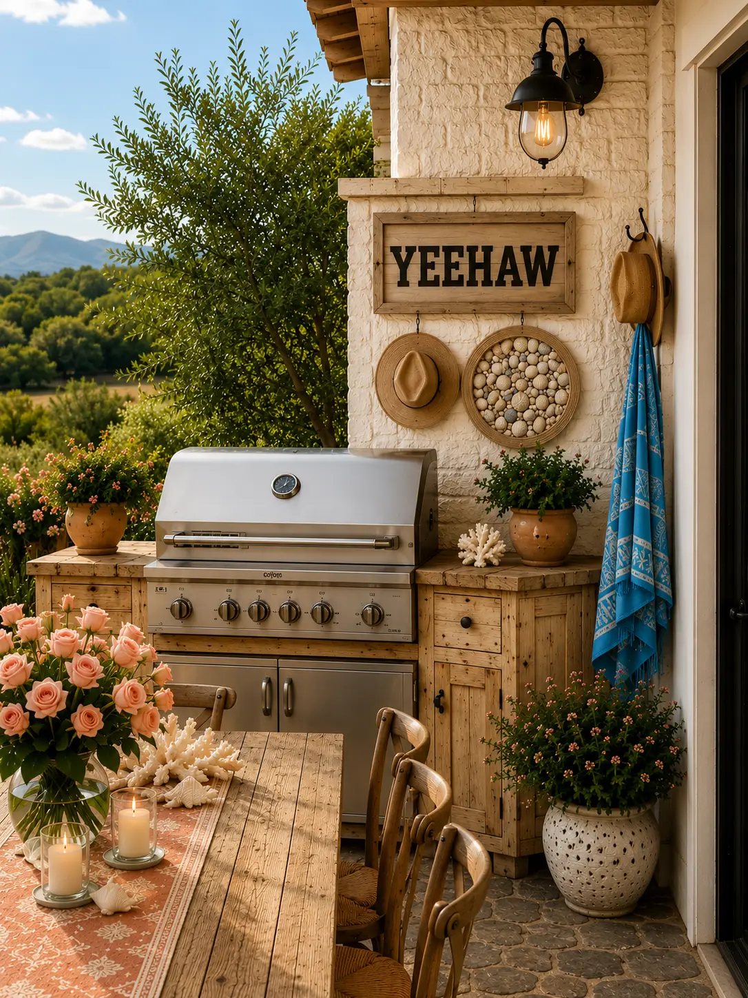 A stainless steel outdoor grill is built into a rustic weathered wood cabinet beneath a black wall lantern. A framed “YEEHAW” sign hangs above two cowboy hats and a circular shell-filled wall accent, while a sea glass blue towel hangs beside potted flowers and a wooden dining table styled with coral-colored linens, candles, and pink roses.