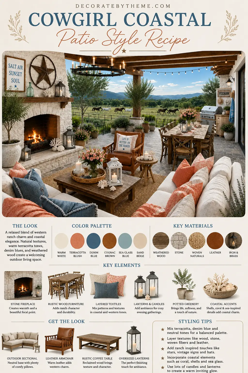 Style recipe infographic featuring a covered Cowgirl Coastal patio with a stone fireplace, cream outdoor sofas, rustic wood furniture, terracotta blush textiles, denim blue accent pillows, lanterns, coastal shell décor, and a ranch landscape view.
