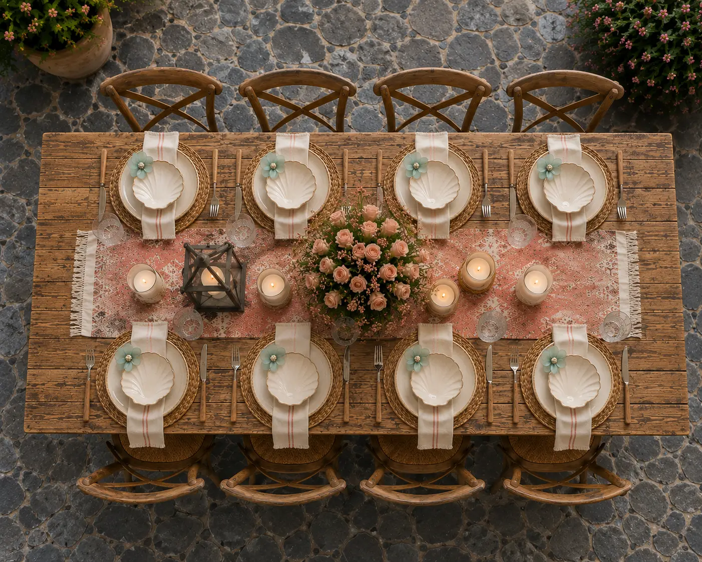 Overhead view of a rustic outdoor dining table set for eight with woven chargers, cream ceramic plates, shell-shaped bowls, striped linen napkins, sea glass flower accents, candles, blush rose centerpiece, and a patterned terracotta table runner.