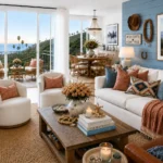 Cowgirl coastal living room with warm white sofa, rust and denim blue accent pillows, saddle brown leather chair, natural wood furniture, aged brass lighting, and ocean view balcony.