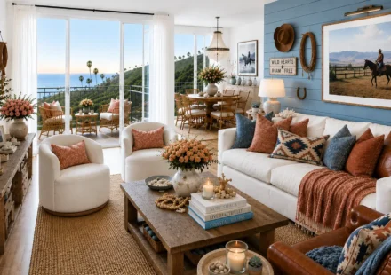 Cowgirl coastal living room with warm white sofa, rust and denim blue accent pillows, saddle brown leather chair, natural wood furniture, aged brass lighting, and ocean view balcony.