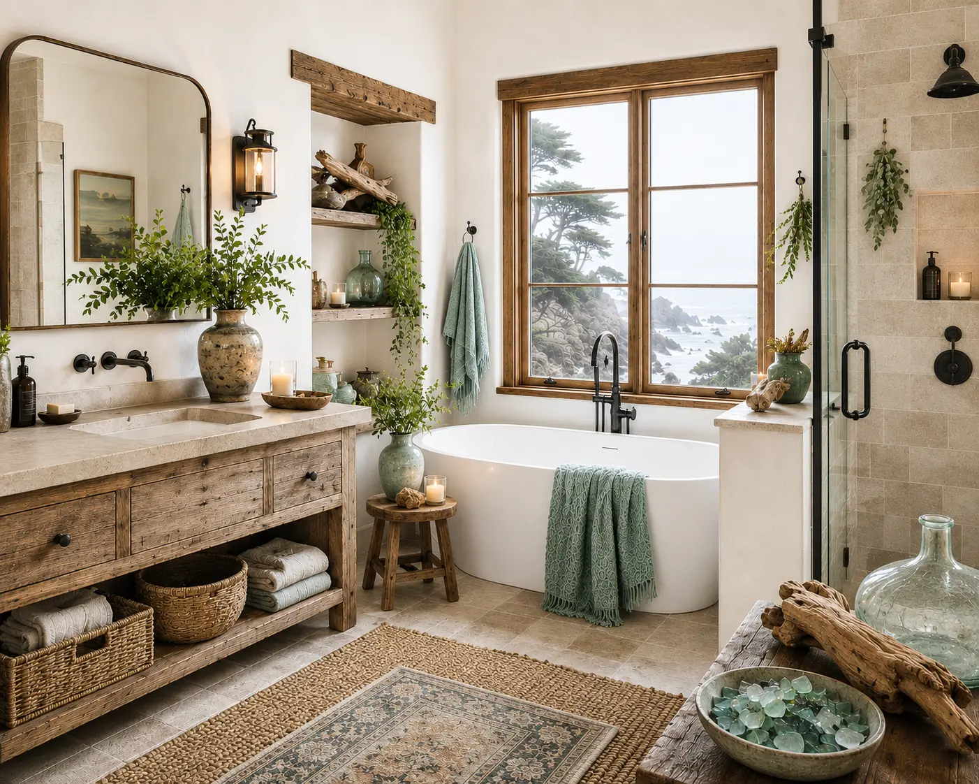 Monterey Bay Coastal Bathroom: Shop the Look for a Calm Rustic Coastal Retreat