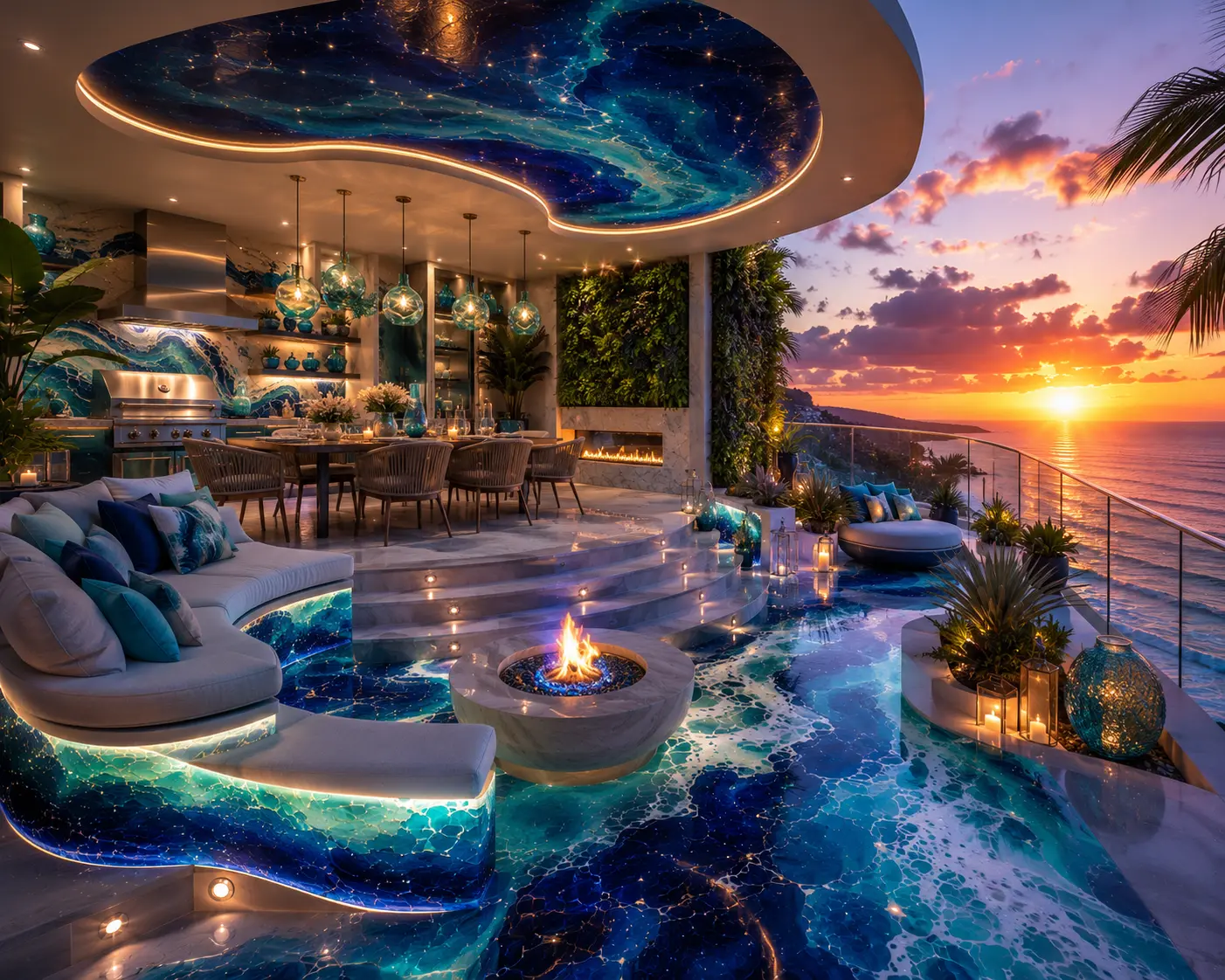 Ocean wave themed coastal patio with ocean views, blue outdoor seating, luxury waterfront balcony, and sunset scenery