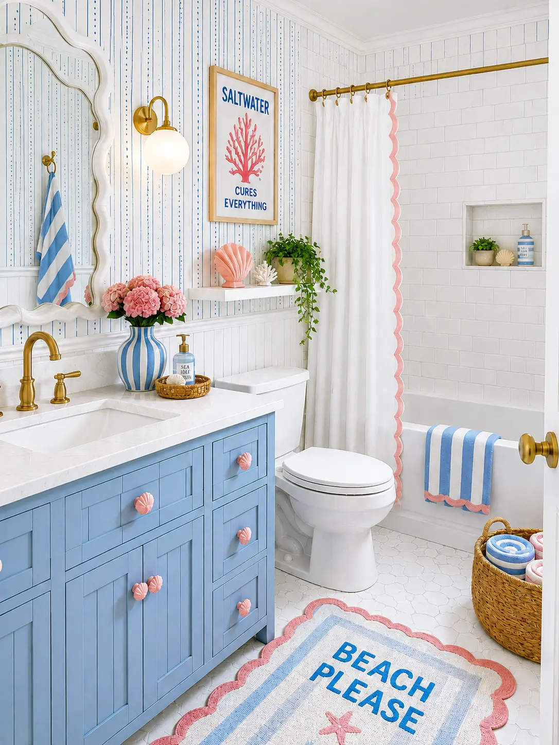 Retro Boutique Coastal Bathroom: A Blue and Pink Beach Bathroom with Vintage Charm