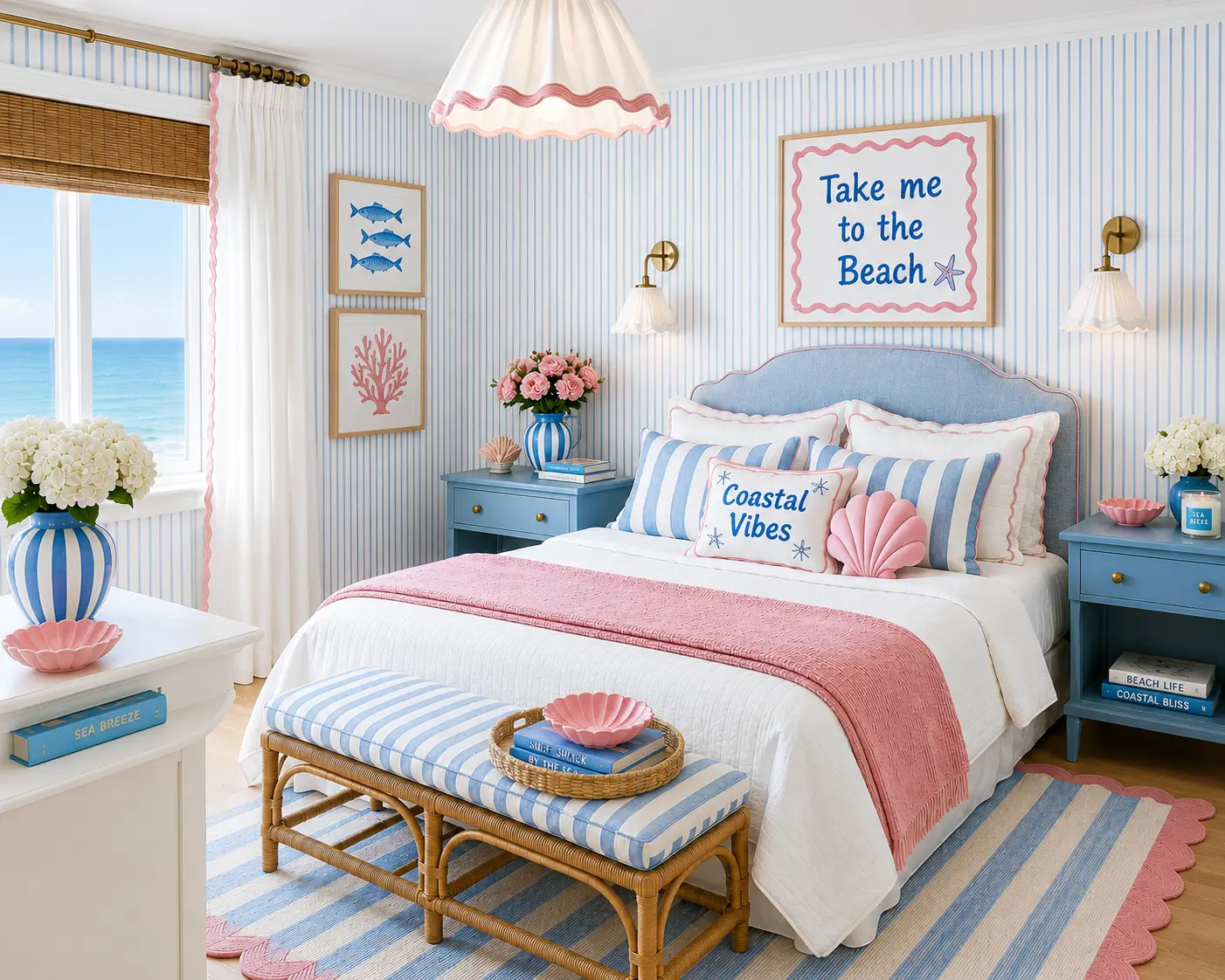 Retro Boutique Coastal Bedroom: A Soft Blue and Blush Beach Bedroom with Vintage Charm