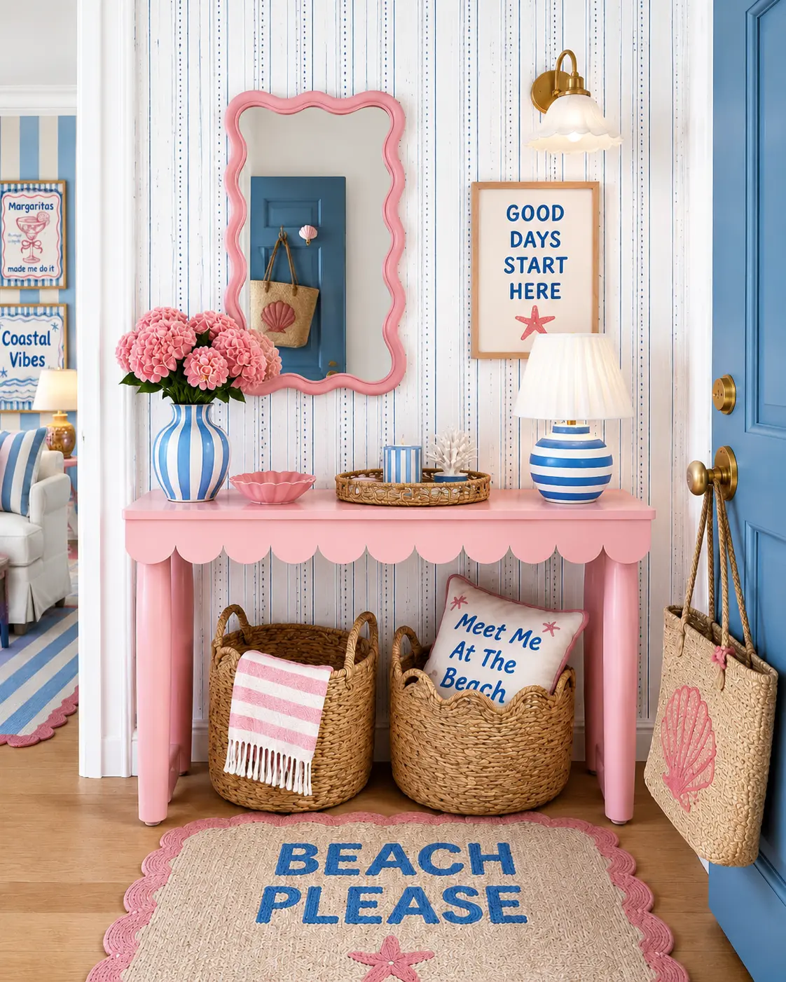 Retro Boutique Coastal Entryway: A Pink and Blue Beach-Inspired Welcome Home