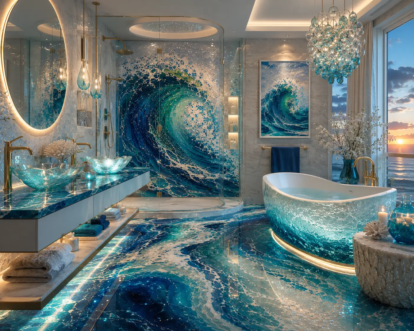 Ocean wave themed bathroom with blue coastal tile, wave-inspired decor, luxury vanity, and spa-style ocean colors