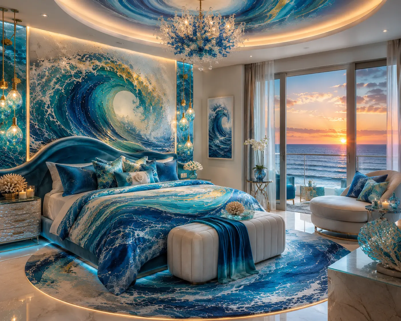 Luxury ocean wave bedroom featuring a large crashing wave mural, blue coastal bedding, ocean-view balcony, and wave-inspired chandelier