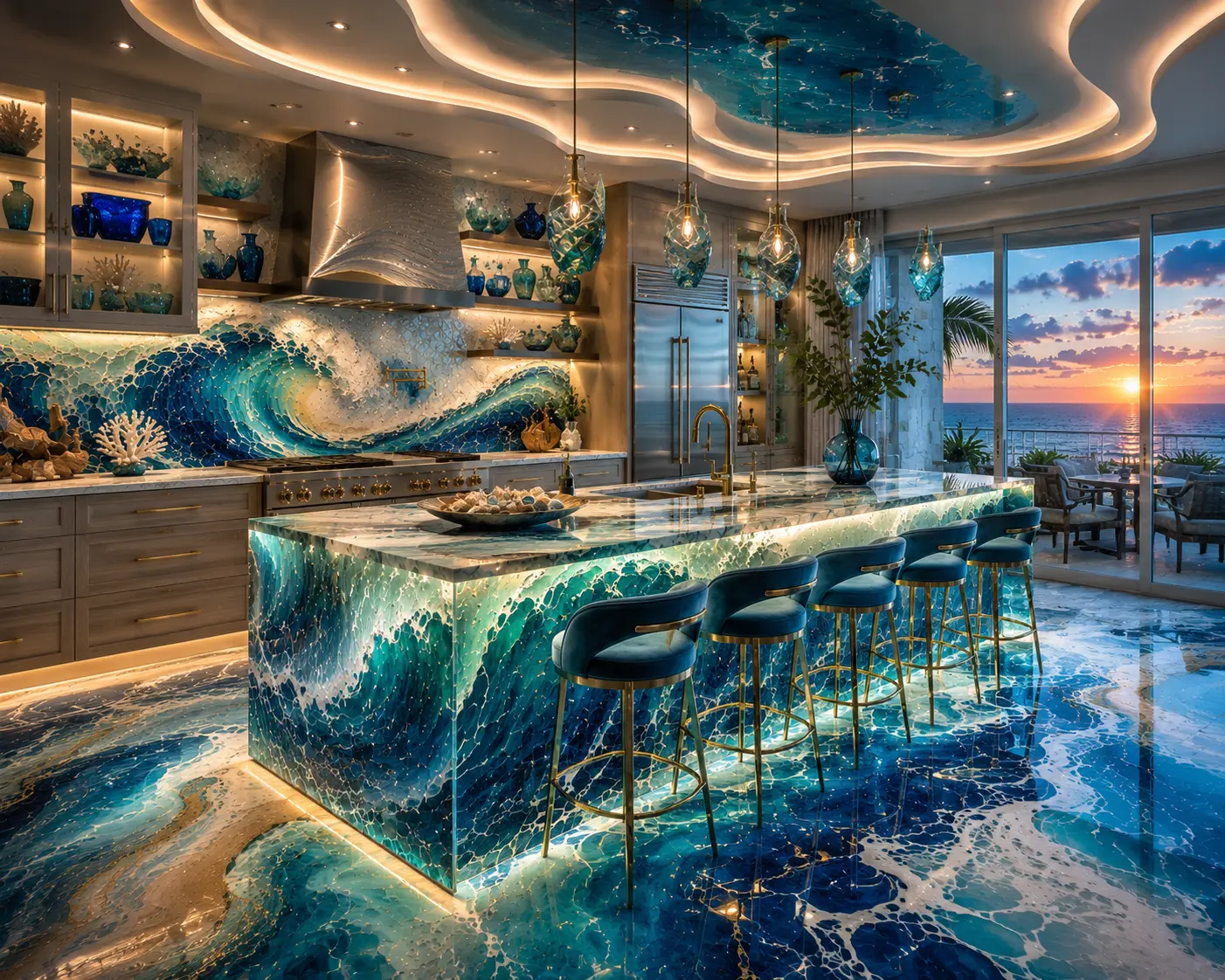 Luxury ocean wave kitchen with dramatic wave backsplash, blue ocean island, glass pendant lighting, and sunset coastal views