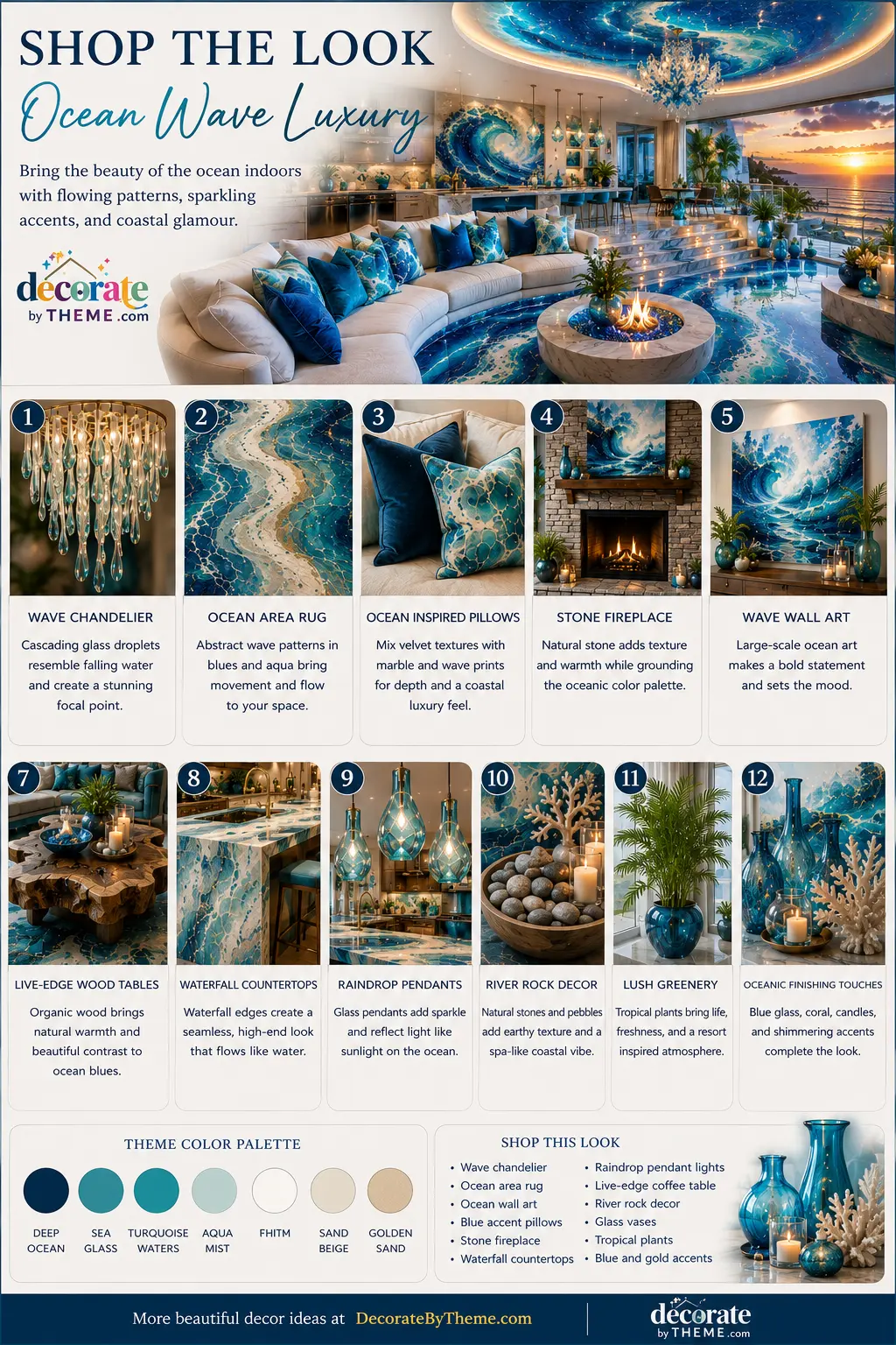 Ocean Wave Serenity Shop the Look featuring luxury coastal decor, ocean-inspired furniture, wave artwork, blue glass accents, waterfall lighting, and modern beach house design